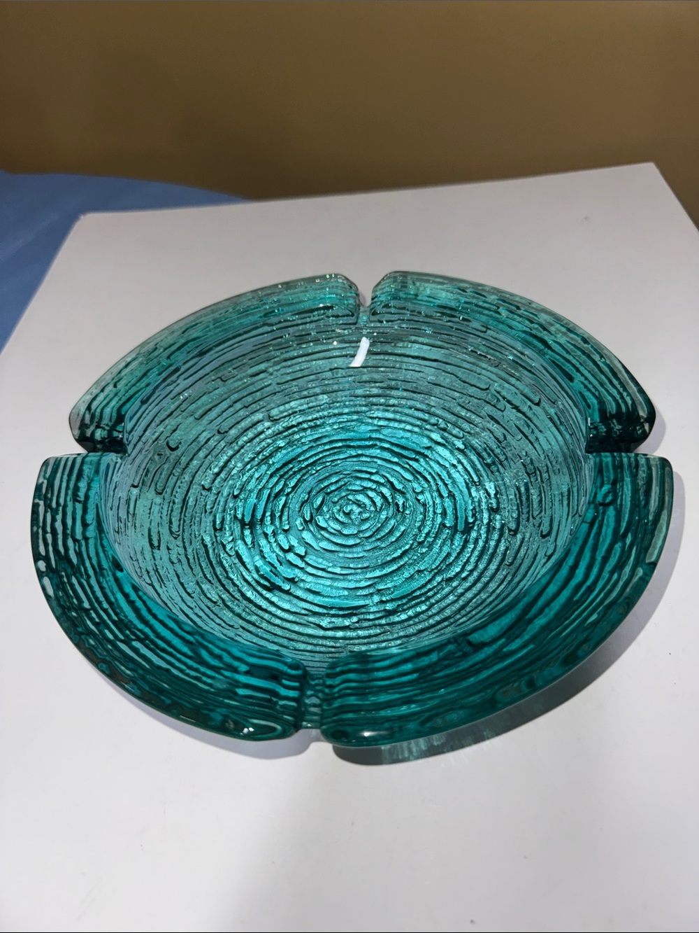 Anchor Hocking Soreno Aqua / Turquoise Blue Glass Ashtray 8.75” 1960s